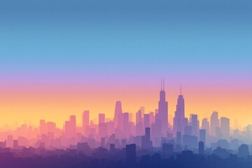 City skyline silhouette at sunset with colorful gradient sky above buildings.