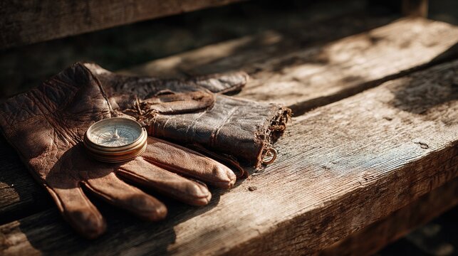 Warm Wooden Bench in Golden Light with Leather Gloves and Vintage Compass – A Tribute to Legacy, Craftsmanship, and Fatherly Direction