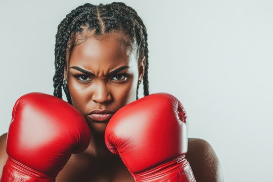 Confident female boxer with red gloves on white background - Powered by Adobe