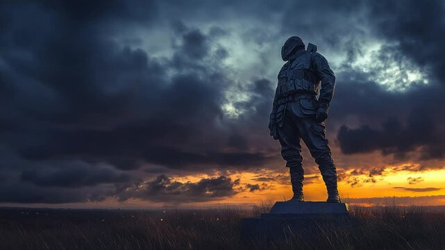 Monumental guardian figure standing defiant against a dramatic sunset landscape