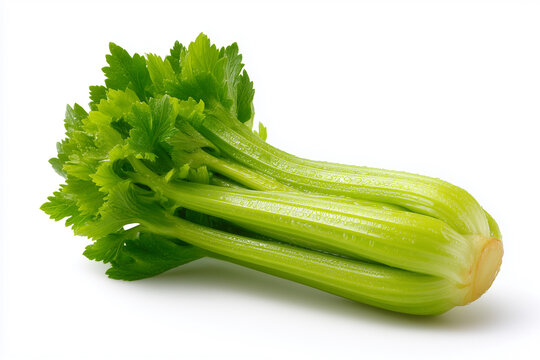 A stalk of celery is shown in its entirety, with its green leaves and stem visible. The celery is fresh and crisp, and it is a healthy and nutritious vegetable