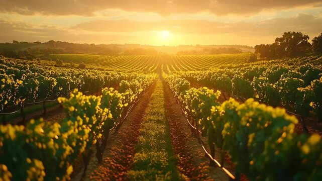 A picturesque vineyard at sunset in the countryside