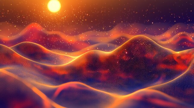 abstract digital workplace by the sea, waves and sun blending with holographic taskboard