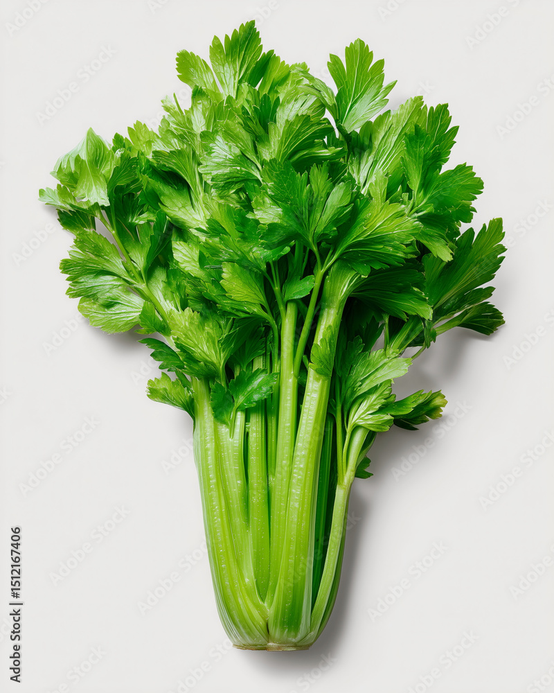 Poster a bunch of green celery is shown in the image. the celery is fresh and green, and it is the main foc