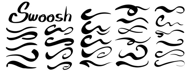 Swoosh text tails and swash underline shapes set in vintage style. Hand-drawn swirl strokes, curly lines, and typography elements for baseball and sports decoration. Vector illustration