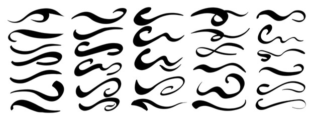 Swoosh text tails and swash underline shapes set in vintage style. Hand-drawn swirl strokes, curly lines, and typography elements for baseball and sports decoration. Vector illustration