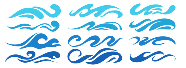 Blue ocean wave icons set. Abstract marine water curves, decorative splashes, swirl lines, and aqua contours. Tsunami, tide, storm elements for sea, ocean, and nautical design. Vector illustration