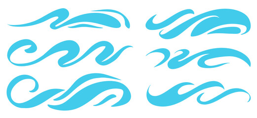 Obraz premium Blue ocean wave icons set. Abstract marine water curves, decorative splashes, swirl lines, and aqua contours. Tsunami, tide, storm elements for sea, ocean, and nautical design. Vector illustration