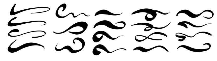 Swoosh text tails and swash underline shapes set in vintage style. Hand-drawn swirl strokes, curly lines, and typography elements for baseball and sports decoration. Vector illustration