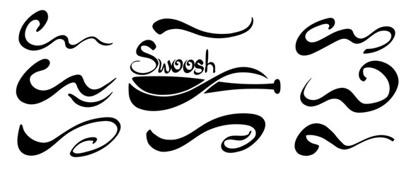 Swoosh text tails and swash underline shapes set in vintage style. Hand-drawn swirl strokes, curly lines, and typography elements for baseball and sports decoration. Vector illustration