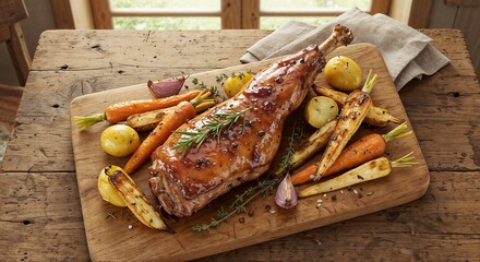Top-down view of roasted rabbit leg with rosemary thyme and red wine glaze served with root vegetables on wooden table natural daylight farmhouse-style setting