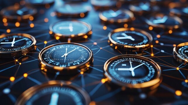 abstract clocks connected by digital threads across continents, symbol of time zone teamwork