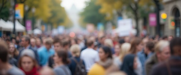A busy urban crowd walks the city streets, a blurred group in motion