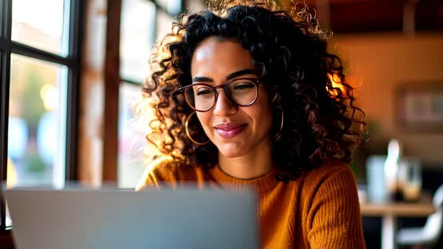  woman working on a laptop in a modern coffee shop. Remote digital workspace with wireless technology and smart devices. Horizontal video. - Powered by Adobe