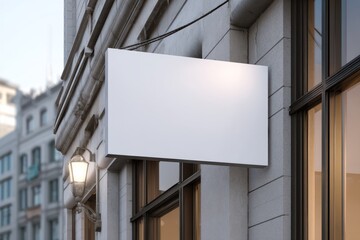 Blank rectangular sign hanging on building facade with windows and architectural details.