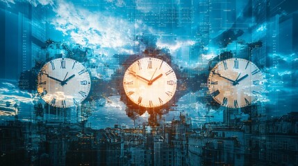 modern concept of remote collaboration as multiple work desks under hovering world clocks
