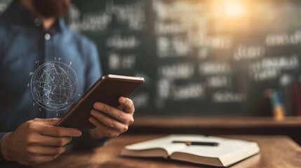 Global Education Concept: Person Using Tablet with Holographic W