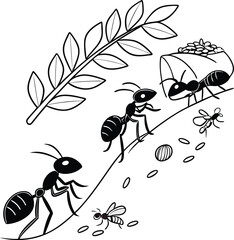 Ants Carrying Food A Line Art Illustration