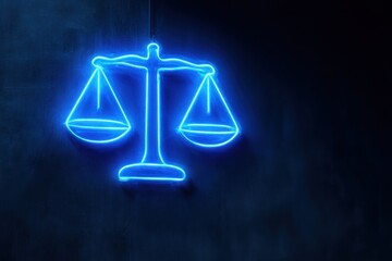 Blue neon scales of justice symbol against a dark background.