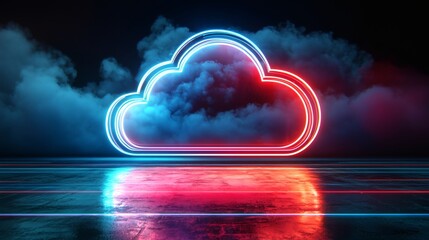 cloud-shaped tent glowing with neon light, symbolic photo for digital nomad lifestyle in tech era