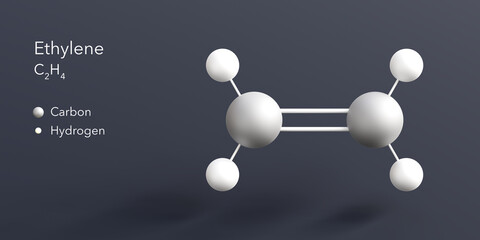 ethylene molecule 3d rendering, flat molecular structure with chemical formula and atoms color coding