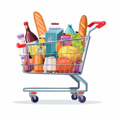 Full Shopping Cart of Groceries Vector Illustration of Supermarket Items