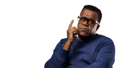 African American with glasses in thinking pose, cut out transparent