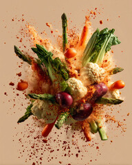 A close up of a colorful salad with a lot of vegetables including carrots, cauliflower, and asparagus. The salad is covered in a lot of spices, giving it a vibrant and spicy appearance
