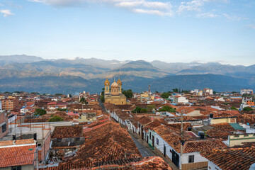 Socorro city panorama in santander region in Colombia with mountains landscape and cathedral church 