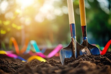 Ceremonial shovels in soil at groundbreaking event