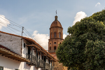 View of curiti town with church tower in santander colombia 