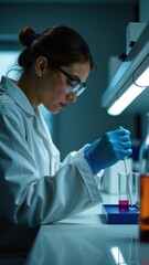 A scientist in a white lab coat and goggles carefully conducts research with a pipette in a laboratory setting