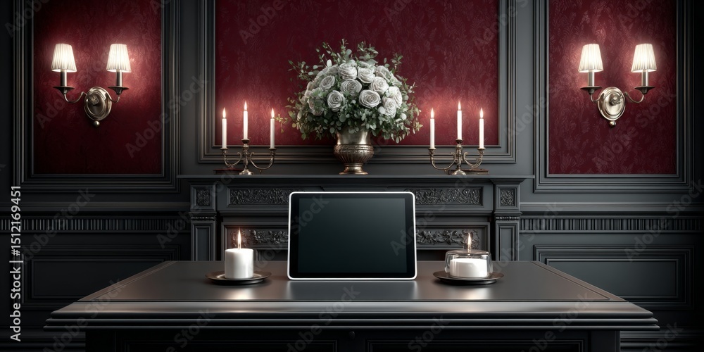 Poster a dark gothic desk scene where a digital tablet floats above an altar surrounded by candlelight