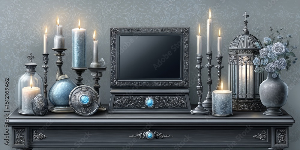 Poster a dark gothic desk scene where a digital tablet floats above an altar surrounded by candlelight