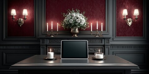 a dark gothic desk scene where a digital tablet floats above an altar surrounded by candlelight