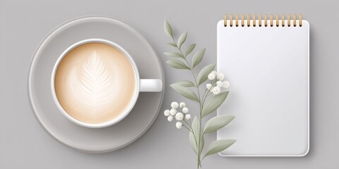 a minimalist design showing a coffee cup, laptop, and open planner with clean lines