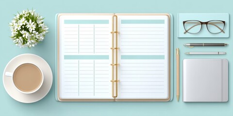 a minimalist design showing a coffee cup, laptop, and open planner with clean lines