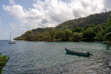 boat on the caribbean sea in aguacate beach in capurgana choco colombia travel destination 