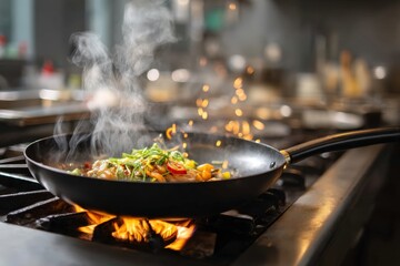 A sizzling pan with vegetables and herbs cooking over an open flame in a professional kitchen.
