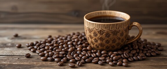 Hot dark roasted coffee beans and a brown cup with a creamy espresso drink, isolated on white for a morning breakfast beverage