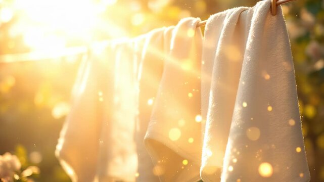 Sunlit towels drying on clothesline golden hour
