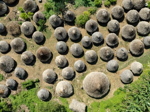 tayrona culture indigenous village aerial view in natural park in sierra nevada of santa marta colombia, Kogui Wiwa with thatched and palm huts in the middle of jungle