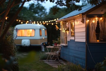 Caravan and cottage lit up in cozy evening setting