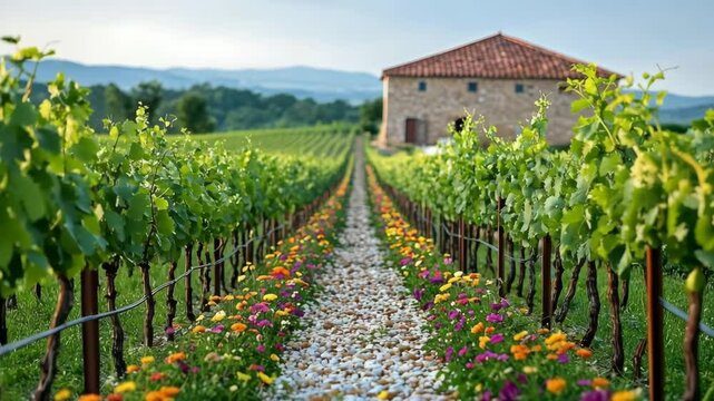 Idyllic Vineyard Pathway Leading to a Rustic Winery