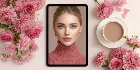 a realistic photo of influencer and brand collaboration photos displayed on a tablet