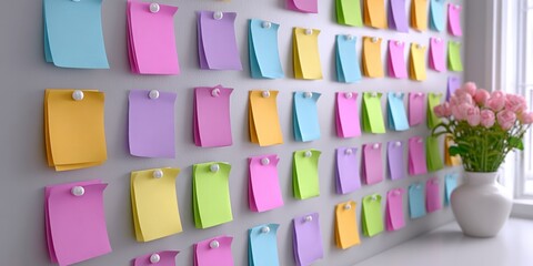 a realistic photo of sticky notes with campaign stages on a wall in a meeting room