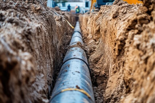 Excavation trench showing utility pipe installation