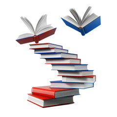 Naklejka premium A conceptual image of a stairway made of books with two open books floating above on a black background