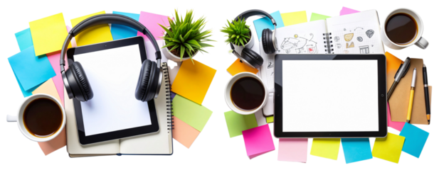 Creative Freelancer Workstation with Tablet, Headphones and Sketchbook Transparent Background PNG