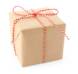 Gift wrapped in kraft paper with bow isolated on white